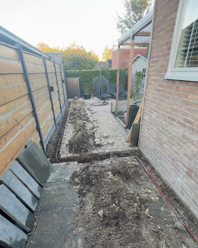 Kabelsleuf door de tuin naar de plek van de thuisaccu